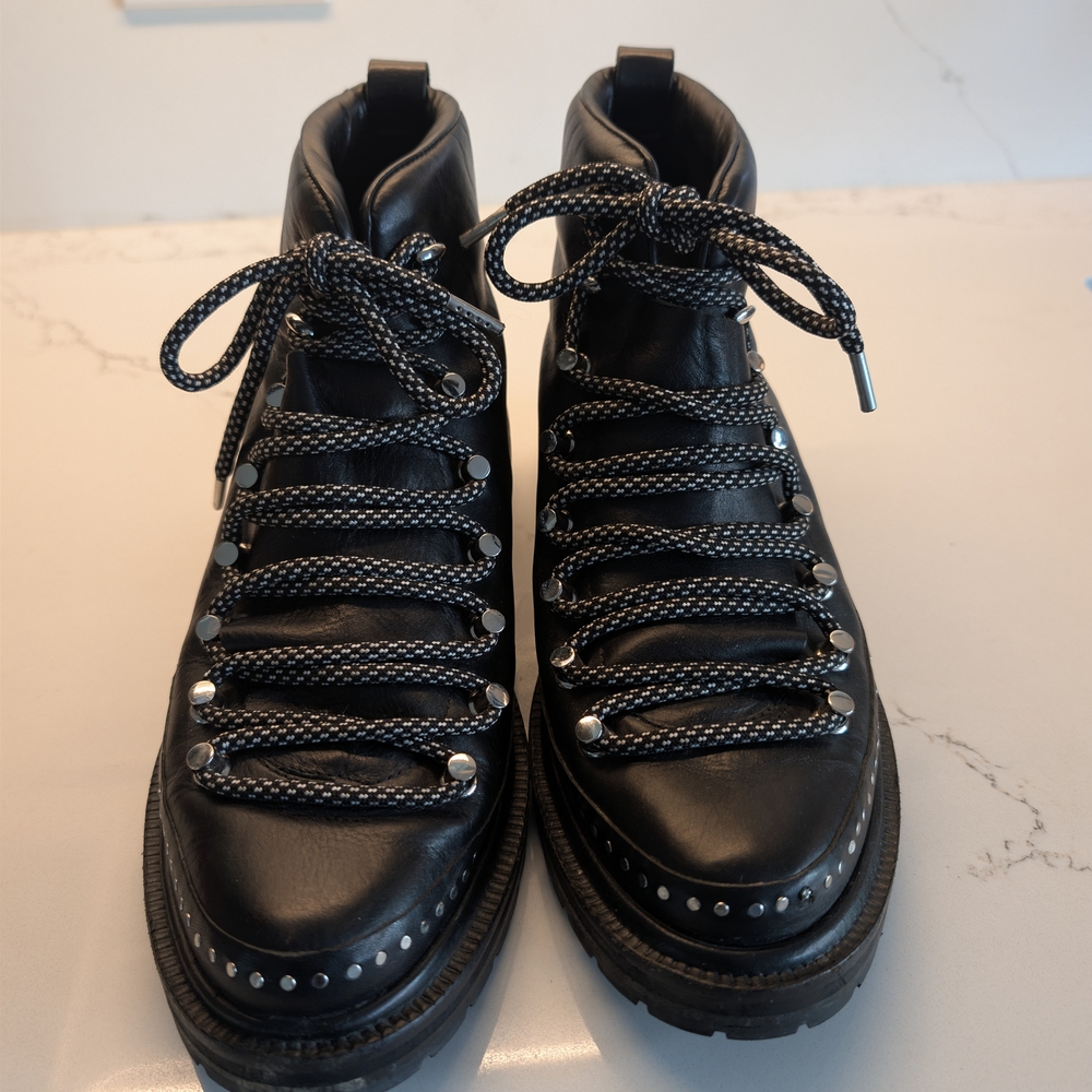rag & bone Black Leather Lug-Sole Combat Boots with Stud Trim
